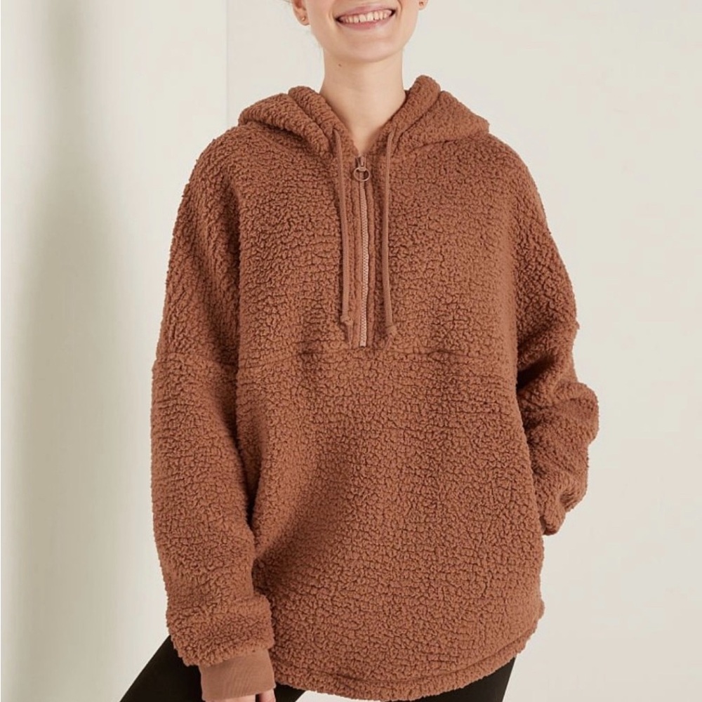 VS PINK PLUSH FLEECE PULLOVER Cozy Brown Sherpa Hoodie NWT